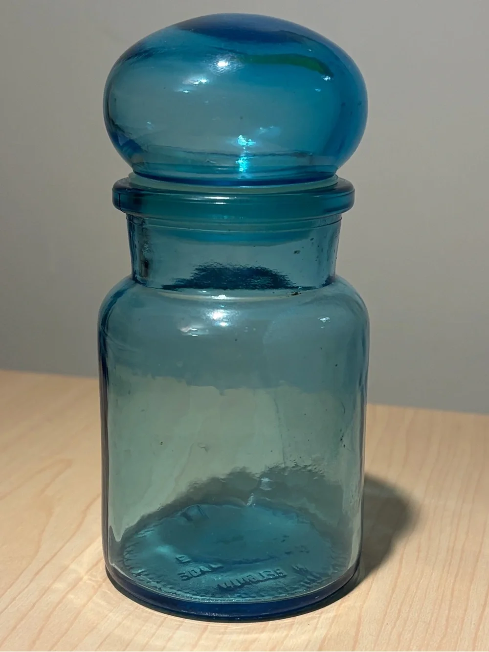 Blue Made in Belgium Glass Apothecary Jar with Bubble Top 5 in tall & 3 in wid